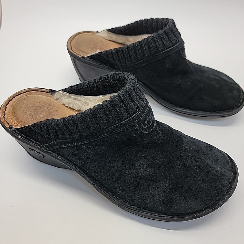 UGG Black Suede Shearling-Lined Clog Mules